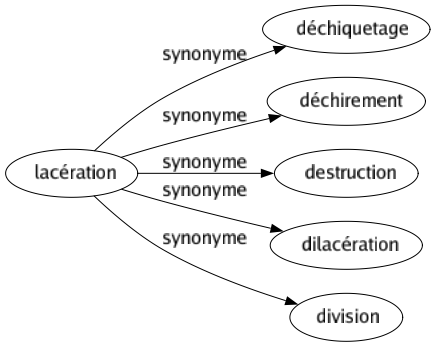 Synonyme de Lacération : Déchiquetage Déchirement Destruction Dilacération Division 