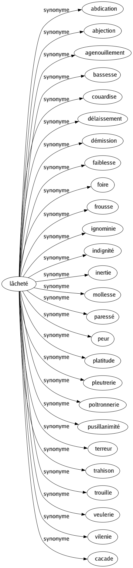 Synonyme de Lâcheté : Abdication Abjection Agenouillement Bassesse Couardise Délaissement Démission Faiblesse Foire Frousse Ignominie Indignité Inertie Mollesse Paressé Peur Platitude Pleutrerie Poltronnerie Pusillanimité Terreur Trahison Trouille Veulerie Vilenie Cacade 