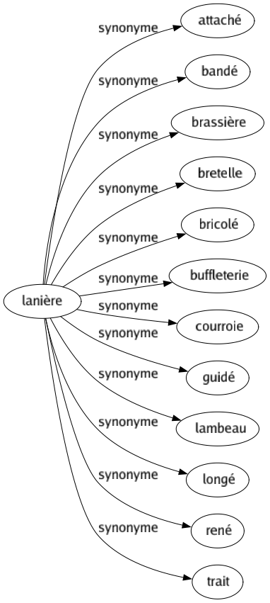 Synonyme de Lanière : Attaché Bandé Brassière Bretelle Bricolé Buffleterie Courroie Guidé Lambeau Longé René Trait 