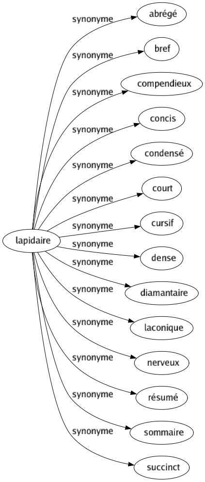 Synonyme de Lapidaire : Abrégé Bref Compendieux Concis Condensé Court Cursif Dense Diamantaire Laconique Nerveux Résumé Sommaire Succinct 
