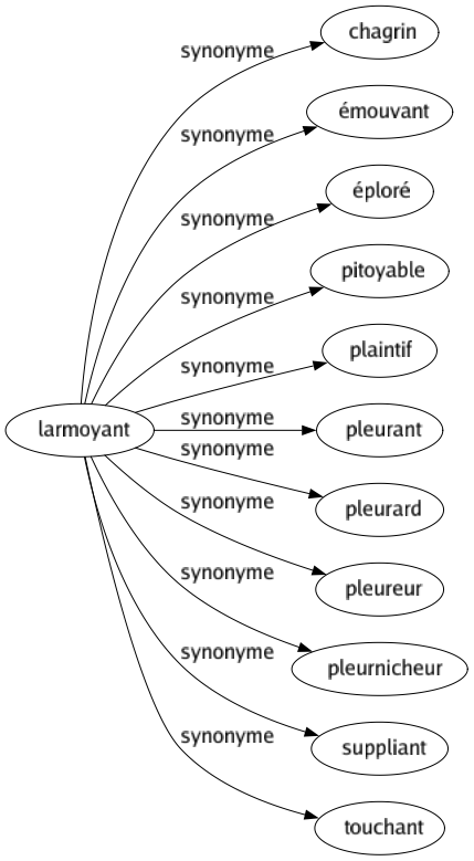 Synonyme de Larmoyant : Chagrin Émouvant Éploré Pitoyable Plaintif Pleurant Pleurard Pleureur Pleurnicheur Suppliant Touchant 