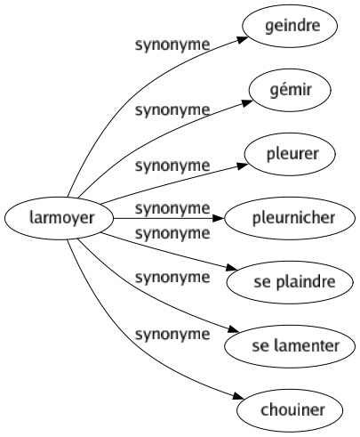 Synonyme de Larmoyer : Geindre Gémir Pleurer Pleurnicher Se plaindre Se lamenter Chouiner 