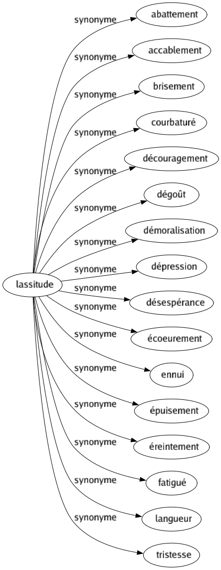 Synonyme de Lassitude : Abattement Accablement Brisement Courbaturé Découragement Dégoût Démoralisation Dépression Désespérance Écoeurement Ennui Épuisement Éreintement Fatigué Langueur Tristesse 