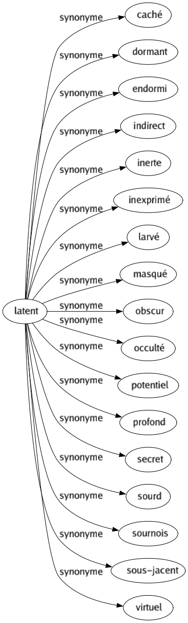 Synonyme de Latent : Caché Dormant Endormi Indirect Inerte Inexprimé Larvé Masqué Obscur Occulté Potentiel Profond Secret Sourd Sournois Sous-jacent Virtuel 