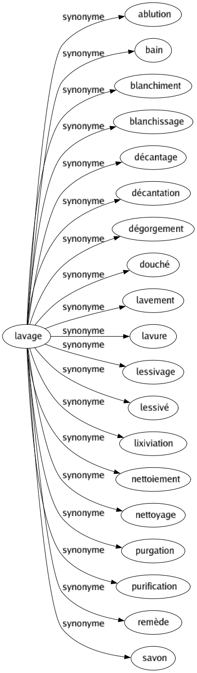 Synonyme de Lavage : Ablution Bain Blanchiment Blanchissage Décantage Décantation Dégorgement Douché Lavement Lavure Lessivage Lessivé Lixiviation Nettoiement Nettoyage Purgation Purification Remède Savon 
