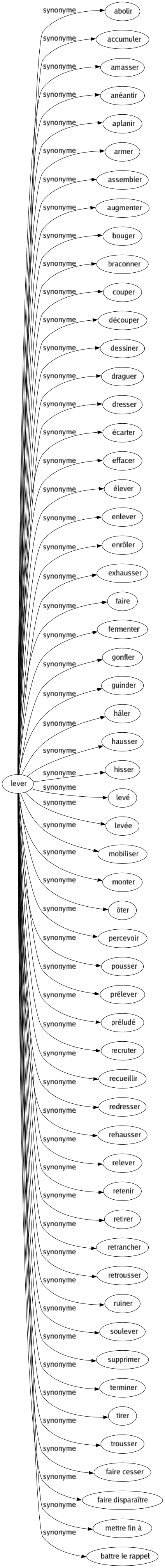 Synonyme de Lever : Abolir Accumuler Amasser Anéantir Aplanir Armer Assembler Augmenter Bouger Braconner Couper Découper Dessiner Draguer Dresser Écarter Effacer Élever Enlever Enrôler Exhausser Faire Fermenter Gonfler Guinder Hâler Hausser Hisser Levé Levée Mobiliser Monter Ôter Percevoir Pousser Prélever Préludé Recruter Recueillir Redresser Rehausser Relever Retenir Retirer Retrancher Retrousser Ruiner Soulever Supprimer Terminer Tirer Trousser Faire cesser Faire disparaître Mettre fin à Battre le rappel 