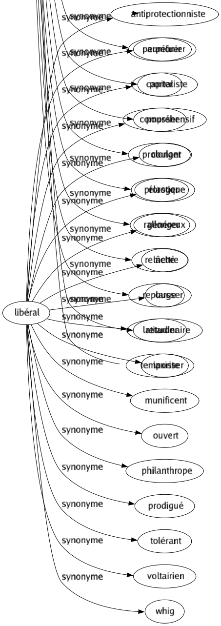 Synonyme de Libéral : Antiprotectionniste Aumônier Capitaliste Compréhensif Coulant Élastique Généreux Lâché Large Latitudinaire Laxiste Munificent Ouvert Philanthrope Prodigué Tolérant Voltairien Whig 