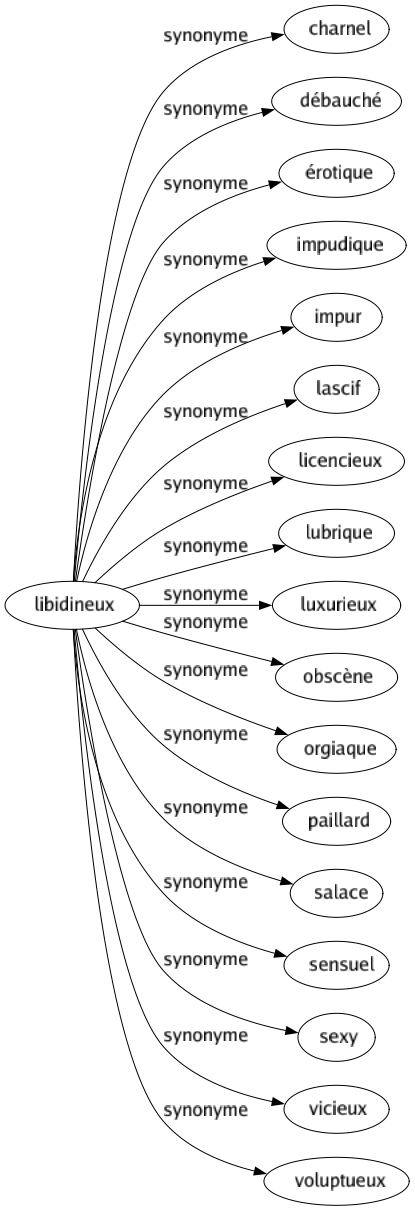 Synonyme de Libidineux : Charnel Débauché Érotique Impudique Impur Lascif Licencieux Lubrique Luxurieux Obscène Orgiaque Paillard Salace Sensuel Sexy Vicieux Voluptueux 