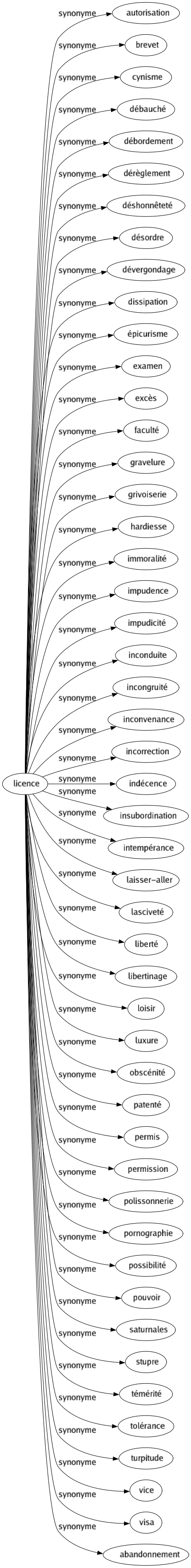 Synonyme de Licence : Autorisation Brevet Cynisme Débauché Débordement Dérèglement Déshonnêteté Désordre Dévergondage Dissipation Épicurisme Examen Excès Faculté Gravelure Grivoiserie Hardiesse Immoralité Impudence Impudicité Inconduite Incongruité Inconvenance Incorrection Indécence Insubordination Intempérance Laisser-aller Lasciveté Liberté Libertinage Loisir Luxure Obscénité Patenté Permis Permission Polissonnerie Pornographie Possibilité Pouvoir Saturnales Stupre Témérité Tolérance Turpitude Vice Visa Abandonnement 