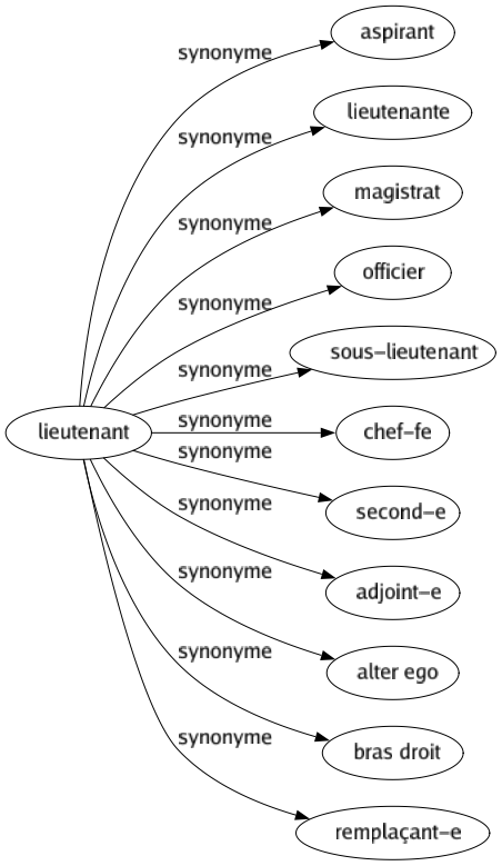 Synonyme de Lieutenant : Aspirant Lieutenante Magistrat Officier Sous-lieutenant Chef-fe Second-e Adjoint-e Alter ego Bras droit Remplaçant-e 