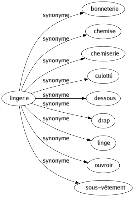Synonyme de Lingerie : Bonneterie Chemise Chemiserie Culotté Dessous Drap Linge Ouvroir Sous-vêtement 