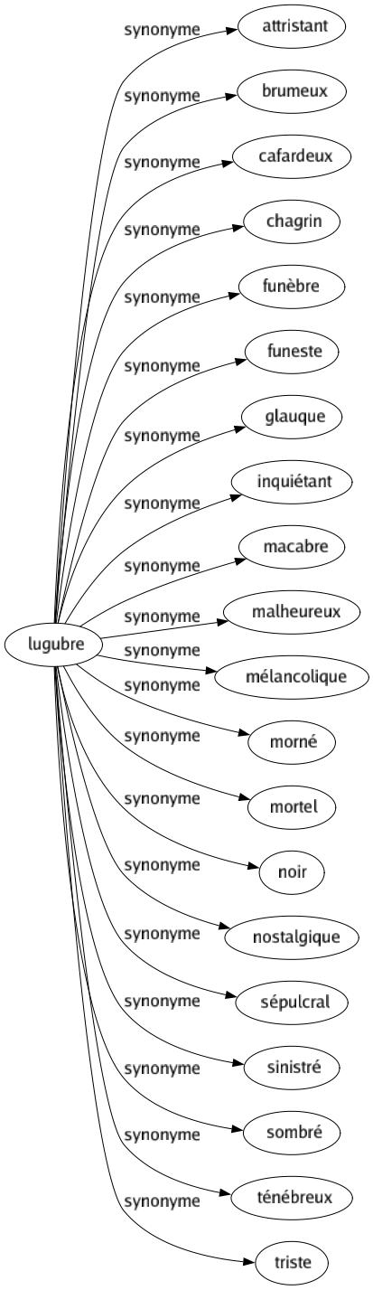 Synonyme de Lugubre : Attristant Brumeux Cafardeux Chagrin Funèbre Funeste Glauque Inquiétant Macabre Malheureux Mélancolique Morné Mortel Noir Nostalgique Sépulcral Sinistré Sombré Ténébreux Triste 