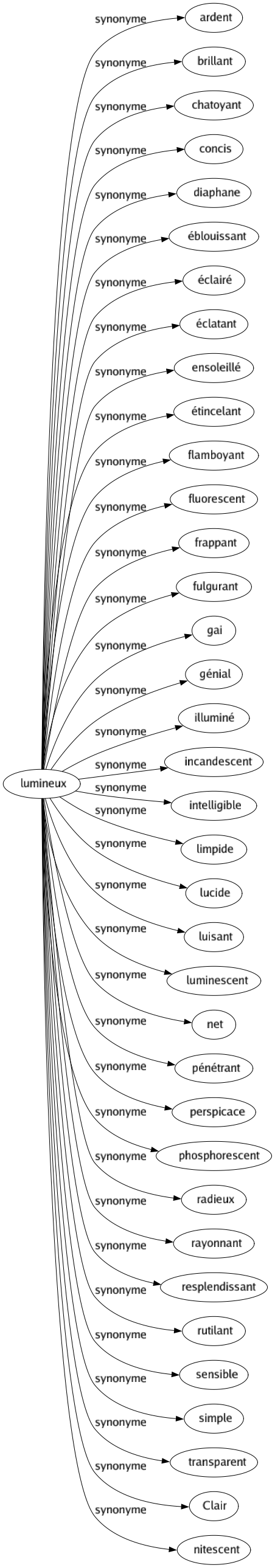 Synonyme de Lumineux : Ardent Brillant Chatoyant Concis Diaphane Éblouissant Éclairé Éclatant Ensoleillé Étincelant Flamboyant Fluorescent Frappant Fulgurant Gai Génial Illuminé Incandescent Intelligible Limpide Lucide Luisant Luminescent Net Pénétrant Perspicace Phosphorescent Radieux Rayonnant Resplendissant Rutilant Sensible Simple Transparent Clair Nitescent 