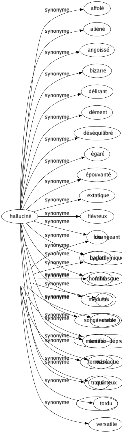 Synonyme de Lunatique : Bipolaire Bizarre Braqué Cacochyme Capricieux Changeant Cyclothymique Fantasque Fou Instable Maniaco-dépressif Maniaque Quinteux Tordu Versatile 