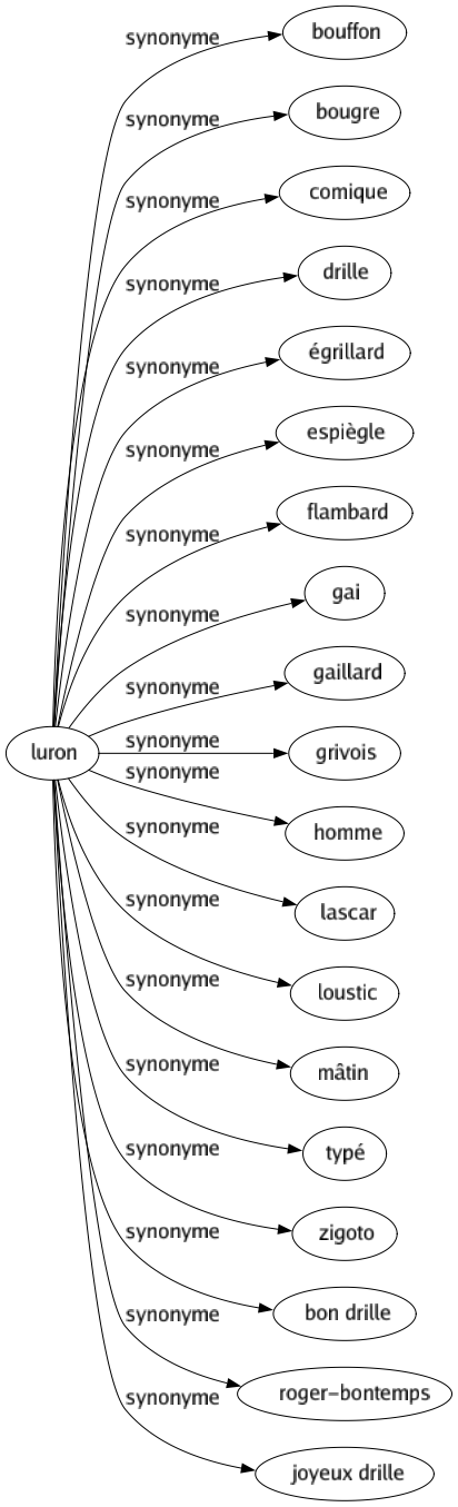 Synonyme de Luron : Bouffon Bougre Comique Drille Égrillard Espiègle Flambard Gai Gaillard Grivois Homme Lascar Loustic Mâtin Typé Zigoto Bon drille Roger-bontemps Joyeux drille 