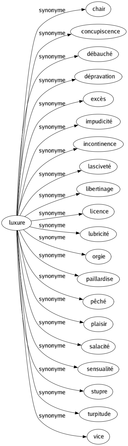 Synonyme de Luxure : Chair Concupiscence Débauché Dépravation Excès Impudicité Incontinence Lasciveté Libertinage Licence Lubricité Orgie Paillardise Pêché Plaisir Salacité Sensualité Stupre Turpitude Vice 