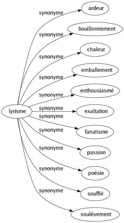Synonyme de Lyrisme : Ardeur Bouillonnement Chaleur Emballement Enthousiasmé Exaltation Fanatisme Passion Poésie Soufflé Soulèvement 
