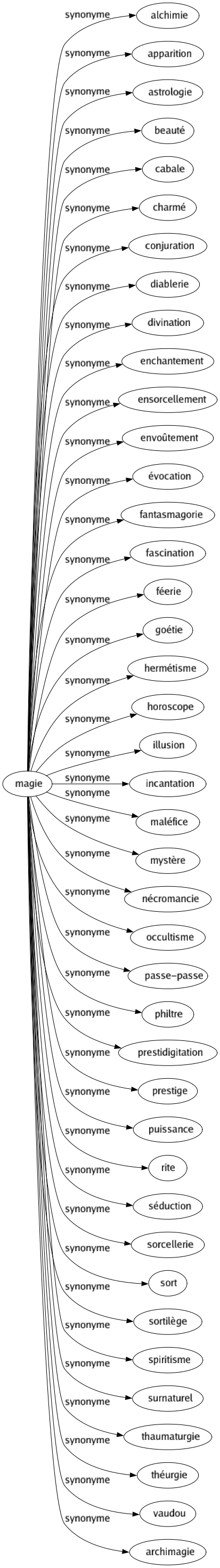 Synonyme de Magie : Alchimie Apparition Astrologie Beauté Cabale Charmé Conjuration Diablerie Divination Enchantement Ensorcellement Envoûtement Évocation Fantasmagorie Fascination Féerie Goétie Hermétisme Horoscope Illusion Incantation Maléfice Mystère Nécromancie Occultisme Passe-passe Philtre Prestidigitation Prestige Puissance Rite Séduction Sorcellerie Sort Sortilège Spiritisme Surnaturel Thaumaturgie Théurgie Vaudou Archimagie 