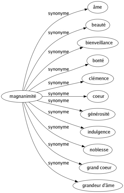 Synonyme de Magnanimité : Âme Beauté Bienveillance Bonté Clémence Coeur Générosité Indulgence Noblesse Grand coeur Grandeur d'âme 