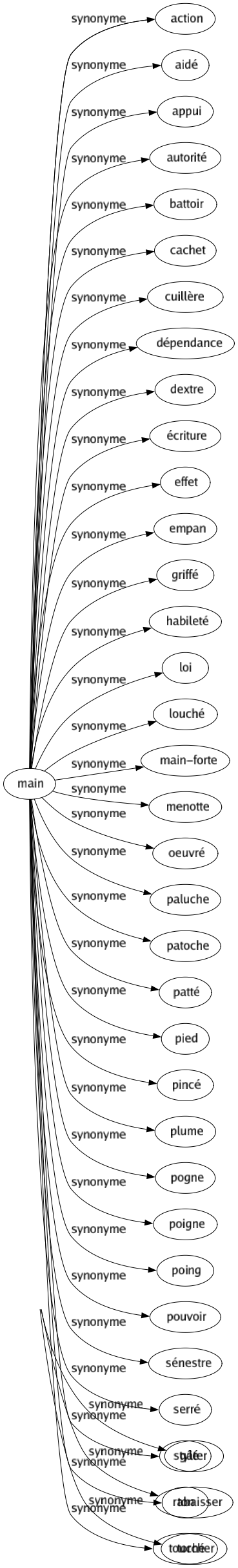 Synonyme de Main : Action Aidé Appui Autorité Battoir Cachet Cuillère Dépendance Dextre Écriture Effet Empan Griffé Habileté Loi Louché Main-forte Menotte Oeuvré Paluche Patoche Patté Pied Pincé Plume Pogne Poigne Poing Pouvoir Sénestre Serré Stylé Ton Touché 