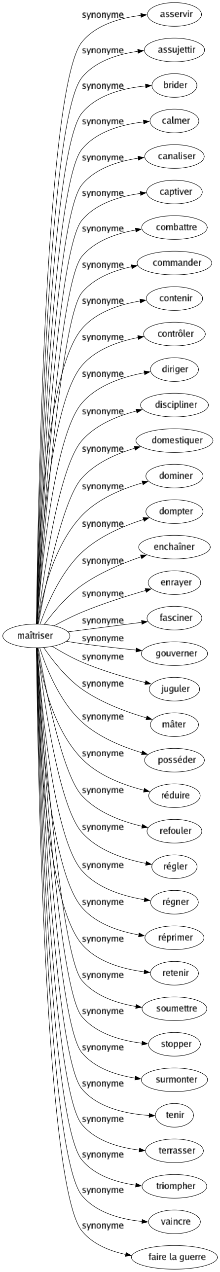 Synonyme de Maîtriser : Asservir Assujettir Brider Calmer Canaliser Captiver Combattre Commander Contenir Contrôler Diriger Discipliner Domestiquer Dominer Dompter Enchaîner Enrayer Fasciner Gouverner Juguler Mâter Posséder Réduire Refouler Régler Régner Réprimer Retenir Soumettre Stopper Surmonter Tenir Terrasser Triompher Vaincre Faire la guerre 