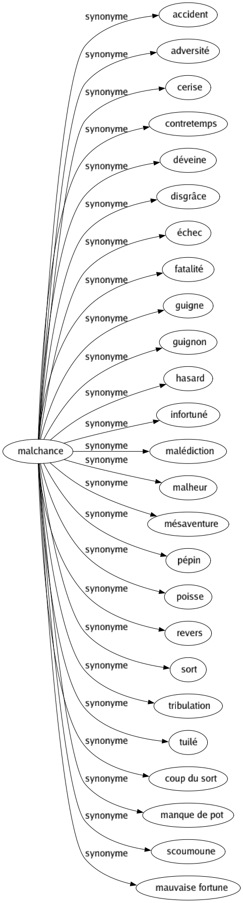 Synonyme de Malchance : Accident Adversité Cerise Contretemps Déveine Disgrâce Échec Fatalité Guigne Guignon Hasard Infortuné Malédiction Malheur Mésaventure Pépin Poisse Revers Sort Tribulation Tuilé Coup du sort Manque de pot Scoumoune Mauvaise fortune 