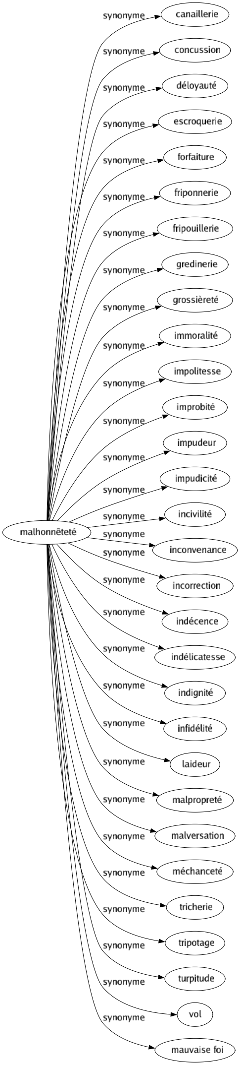 Synonyme de Malhonnêteté : Canaillerie Concussion Déloyauté Escroquerie Forfaiture Friponnerie Fripouillerie Gredinerie Grossièreté Immoralité Impolitesse Improbité Impudeur Impudicité Incivilité Inconvenance Incorrection Indécence Indélicatesse Indignité Infidélité Laideur Malpropreté Malversation Méchanceté Tricherie Tripotage Turpitude Vol Mauvaise foi 