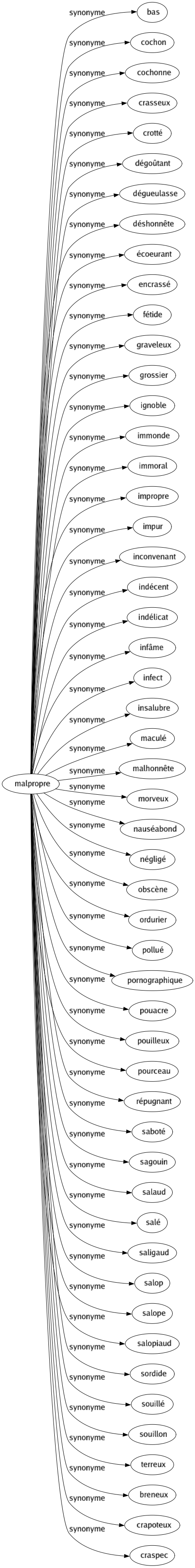 Synonyme de Malpropre : Bas Cochon Cochonne Crasseux Crotté Dégoûtant Dégueulasse Déshonnête Écoeurant Encrassé Fétide Graveleux Grossier Ignoble Immonde Immoral Impropre Impur Inconvenant Indécent Indélicat Infâme Infect Insalubre Maculé Malhonnête Morveux Nauséabond Négligé Obscène Ordurier Pollué Pornographique Pouacre Pouilleux Pourceau Répugnant Saboté Sagouin Salaud Salé Saligaud Salop Salope Salopiaud Sordide Souillé Souillon Terreux Breneux Crapoteux Craspec 