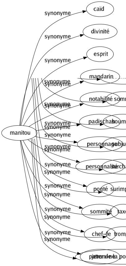 Synonyme de Manitou : Caïd Divinité Esprit Mandarin Notabilité Padischah Personnage Personnalité Ponté Sommité Chef-fe Patron-ne 