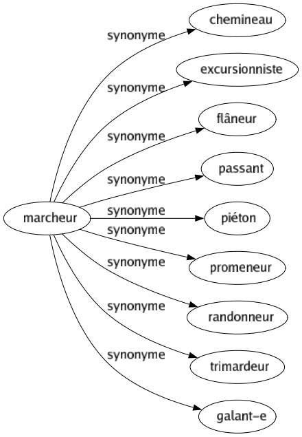 Synonyme de Marcheur : Chemineau Excursionniste Flâneur Passant Piéton Promeneur Randonneur Trimardeur Galant-e 
