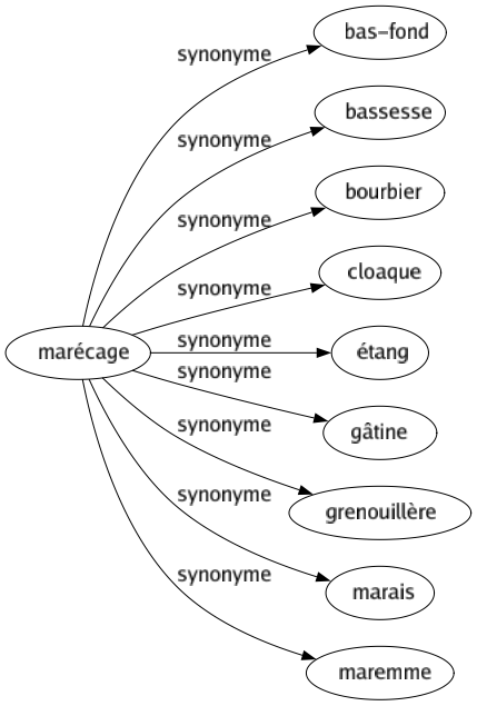 Synonyme de Marécage : Bas-fond Bassesse Bourbier Cloaque Étang Gâtine Grenouillère Marais Maremme 