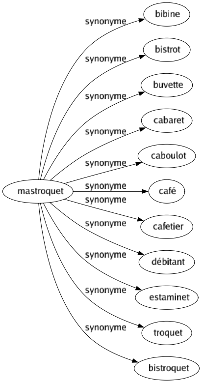 Synonyme de Mastroquet : Bibine Bistrot Buvette Cabaret Caboulot Café Cafetier Débitant Estaminet Troquet Bistroquet 