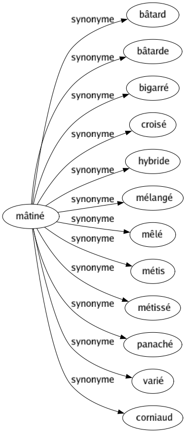 Synonyme de Mâtiné : Bâtard Bâtarde Bigarré Croisé Hybride Mélangé Mêlé Métis Métissé Panaché Varié Corniaud 