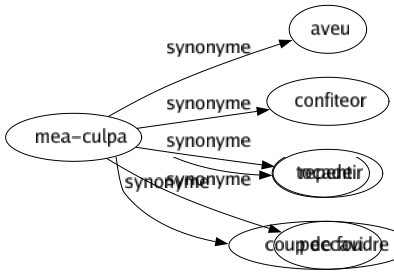 Synonyme de Mea-culpa : Aveu Confiteor Repentir Peccavi 