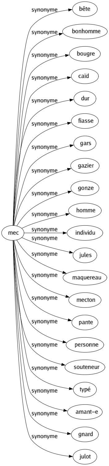Synonyme de Mec : Bête Bonhomme Bougre Caïd Dur Fiasse Gars Gazier Gonze Homme Individu Jules Maquereau Mecton Pante Personne Souteneur Typé Amant-e Gnard Julot 