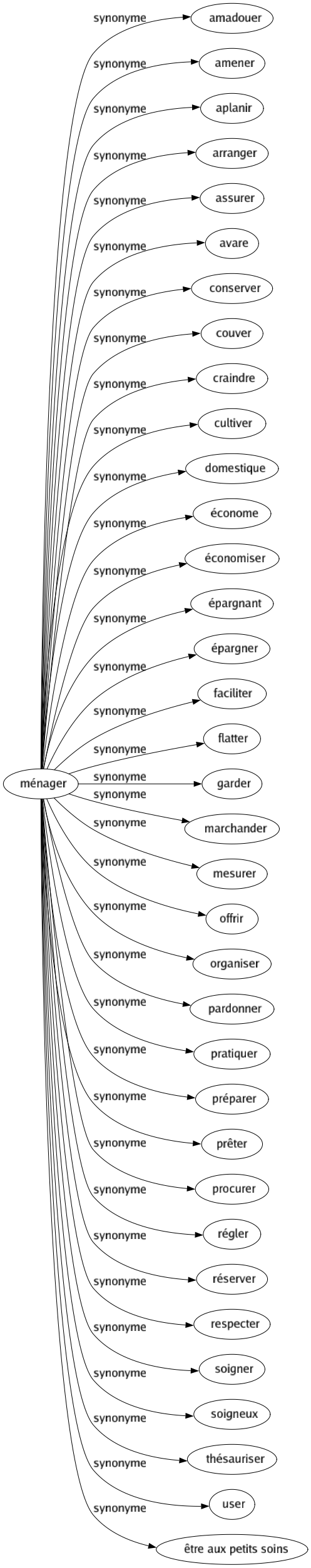 Synonyme de Ménager : Amadouer Amener Aplanir Arranger Assurer Avare Conserver Couver Craindre Cultiver Domestique Économe Économiser Épargnant Épargner Faciliter Flatter Garder Marchander Mesurer Offrir Organiser Pardonner Pratiquer Préparer Prêter Procurer Régler Réserver Respecter Soigner Soigneux Thésauriser User Être aux petits soins 