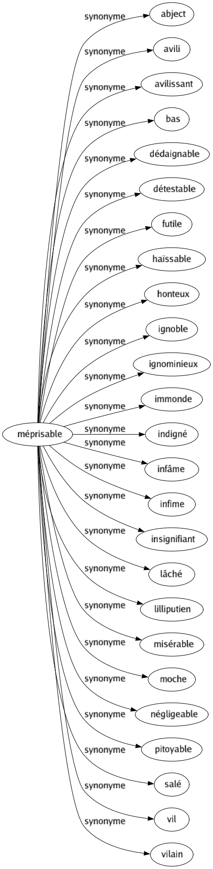 Synonyme de Méprisable : Abject Avili Avilissant Bas Dédaignable Détestable Futile Haïssable Honteux Ignoble Ignominieux Immonde Indigné Infâme Infime Insignifiant Lâché Lilliputien Misérable Moche Négligeable Pitoyable Salé Vil Vilain 