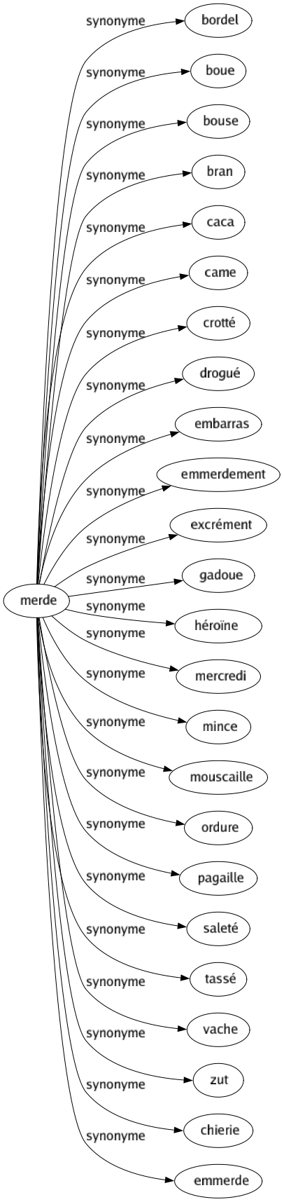 Synonyme de Merde : Bordel Boue Bouse Bran Caca Came Crotté Drogué Embarras Emmerdement Excrément Gadoue Héroïne Mercredi Mince Mouscaille Ordure Pagaille Saleté Tassé Vache Zut Chierie Emmerde 