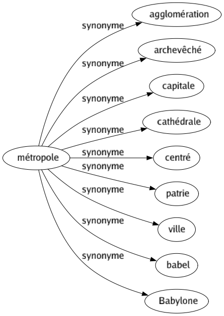 Synonyme de Métropole : Agglomération Archevêché Capitale Cathédrale Centré Patrie Ville Babel Babylone 