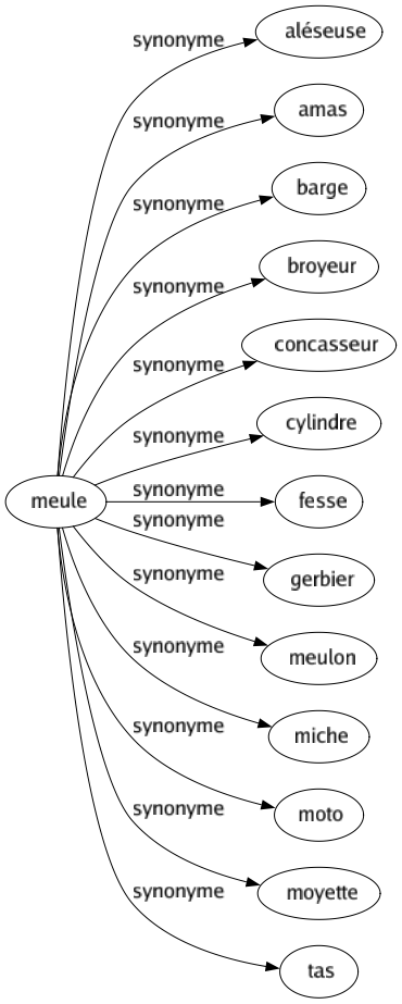 Synonyme de Meule : Aléseuse Amas Barge Broyeur Concasseur Cylindre Fesse Gerbier Meulon Miche Moto Moyette Tas 