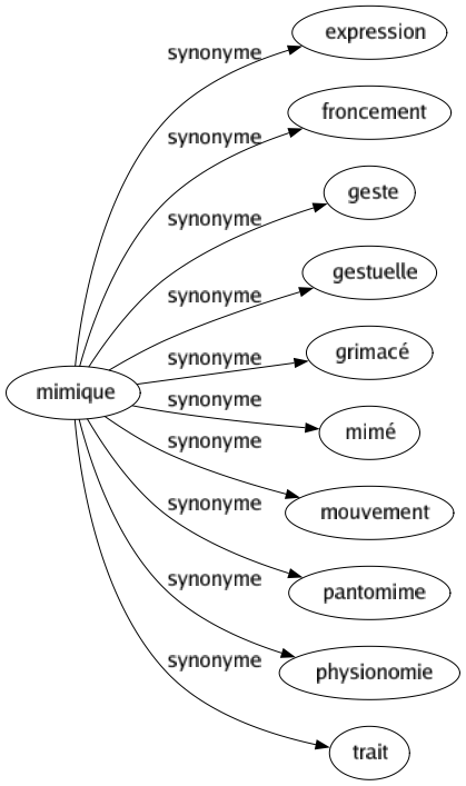 Synonyme de Mimique : Expression Froncement Geste Gestuelle Grimacé Mimé Mouvement Pantomime Physionomie Trait 