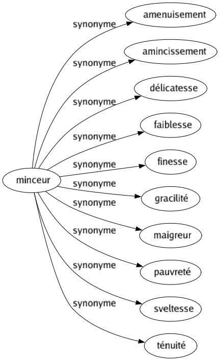 Synonyme de Minceur : Amenuisement Amincissement Délicatesse Faiblesse Finesse Gracilité Maigreur Pauvreté Sveltesse Ténuité 