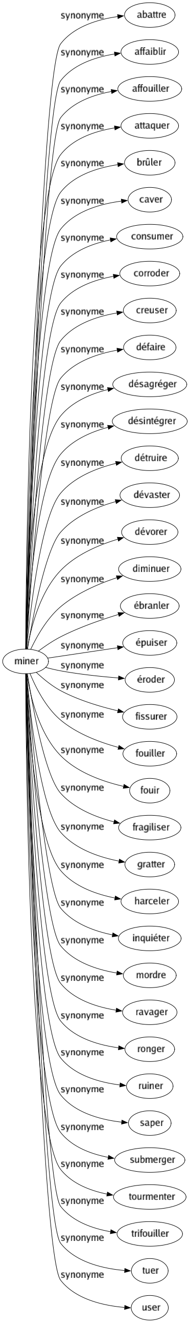 Synonyme de Miner : Abattre Affaiblir Affouiller Attaquer Brûler Caver Consumer Corroder Creuser Défaire Désagréger Désintégrer Détruire Dévaster Dévorer Diminuer Ébranler Épuiser Éroder Fissurer Fouiller Fouir Fragiliser Gratter Harceler Inquiéter Mordre Ravager Ronger Ruiner Saper Submerger Tourmenter Trifouiller Tuer User 