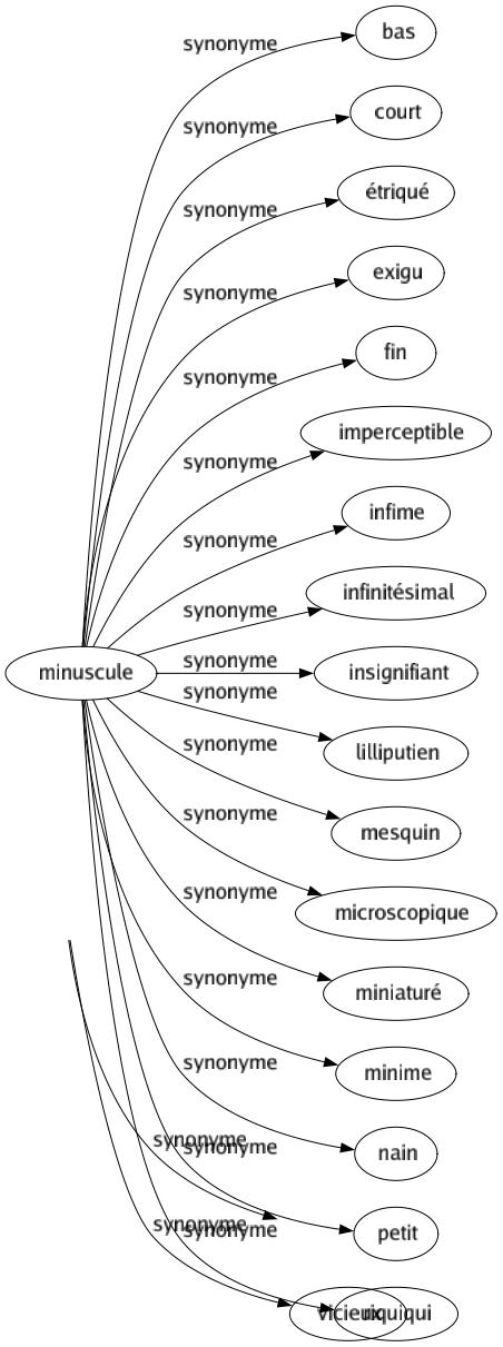 Synonyme de Minuscule : Bas Court Étriqué Exigu Fin Imperceptible Infime Infinitésimal Insignifiant Lilliputien Mesquin Microscopique Miniaturé Minime Nain Petit Riquiqui 