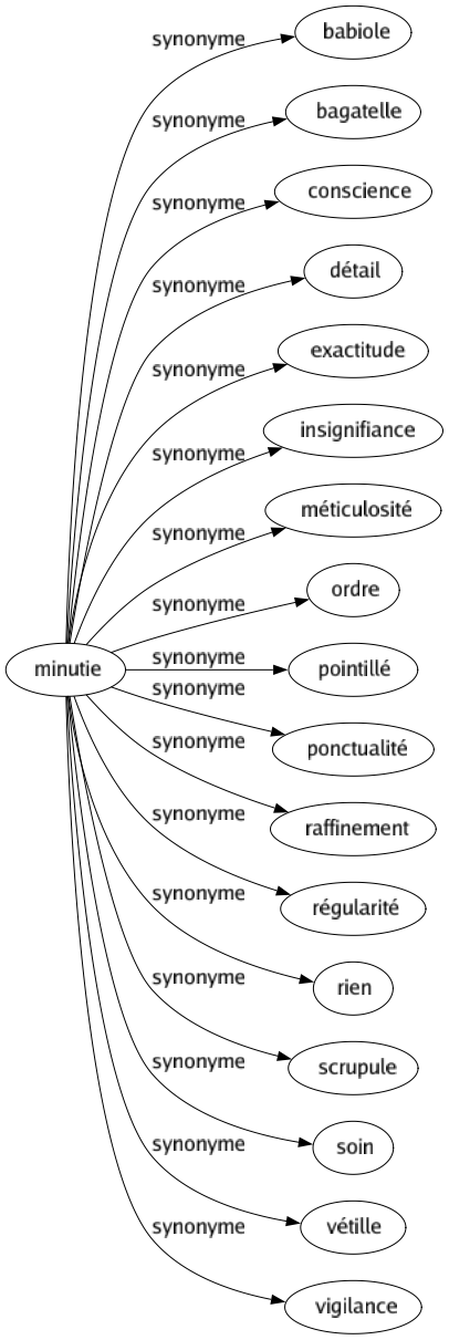 Synonyme de Minutie : Babiole Bagatelle Conscience Détail Exactitude Insignifiance Méticulosité Ordre Pointillé Ponctualité Raffinement Régularité Rien Scrupule Soin Vétille Vigilance 
