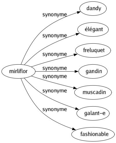 Synonyme de Mirliflor : Dandy Élégant Freluquet Gandin Muscadin Galant-e Fashionable 