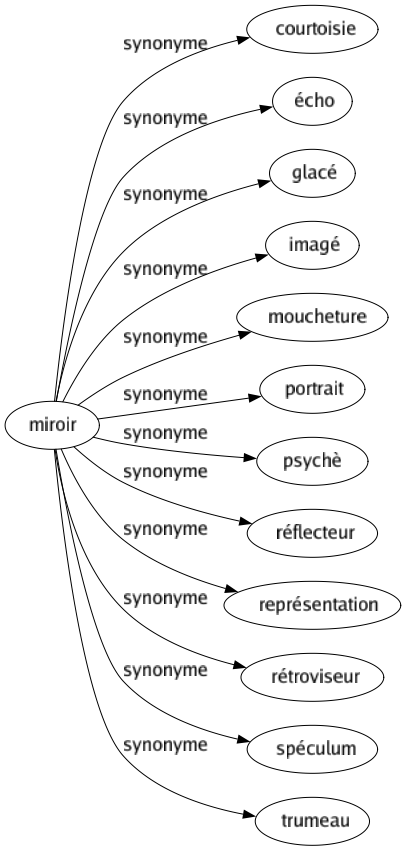 Synonyme de Miroir : Courtoisie Écho Glacé Imagé Moucheture Portrait Psychè Réflecteur Représentation Rétroviseur Spéculum Trumeau 