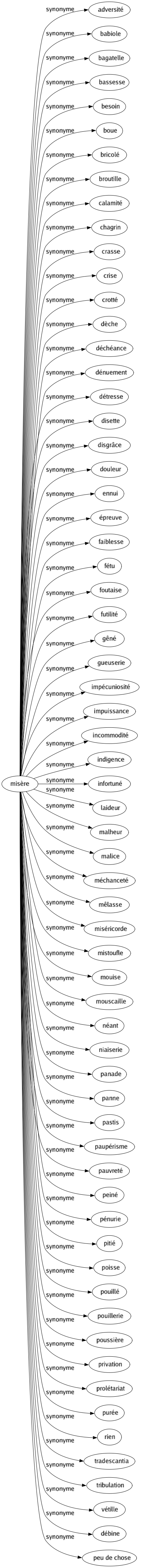 Synonyme de Misère : Adversité Babiole Bagatelle Bassesse Besoin Boue Bricolé Broutille Calamité Chagrin Crasse Crise Crotté Dèche Déchéance Dénuement Détresse Disette Disgrâce Douleur Ennui Épreuve Faiblesse Fétu Foutaise Futilité Gêné Gueuserie Impécuniosité Impuissance Incommodité Indigence Infortuné Laideur Malheur Malice Méchanceté Mêlasse Miséricorde Mistoufle Mouise Mouscaille Néant Niaiserie Panade Panne Pastis Paupérisme Pauvreté Peiné Pénurie Pitié Poisse Pouillé Pouillerie Poussière Privation Prolétariat Purée Rien Tradescantia Tribulation Vétille Débine Peu de chose 