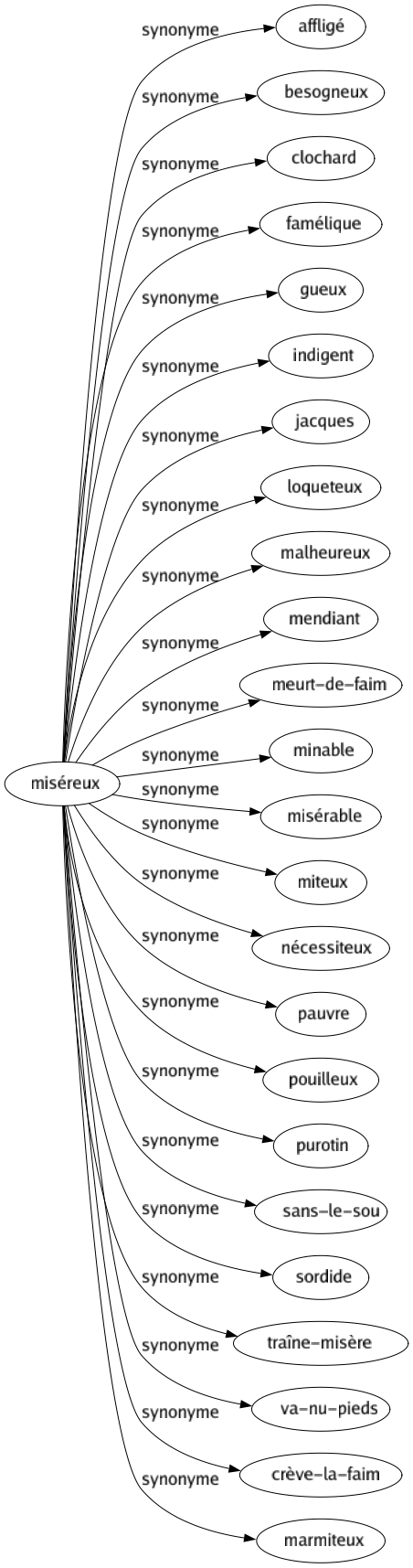 Synonyme de Miséreux : Affligé Besogneux Clochard Famélique Gueux Indigent Jacques Loqueteux Malheureux Mendiant Meurt-de-faim Minable Misérable Miteux Nécessiteux Pauvre Pouilleux Purotin Sans-le-sou Sordide Traîne-misère Va-nu-pieds Crève-la-faim Marmiteux 