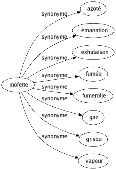 Synonyme de Mofette : Azoté Émanation Exhalaison Fumée Fumerolle Gaz Grisou Vapeur 